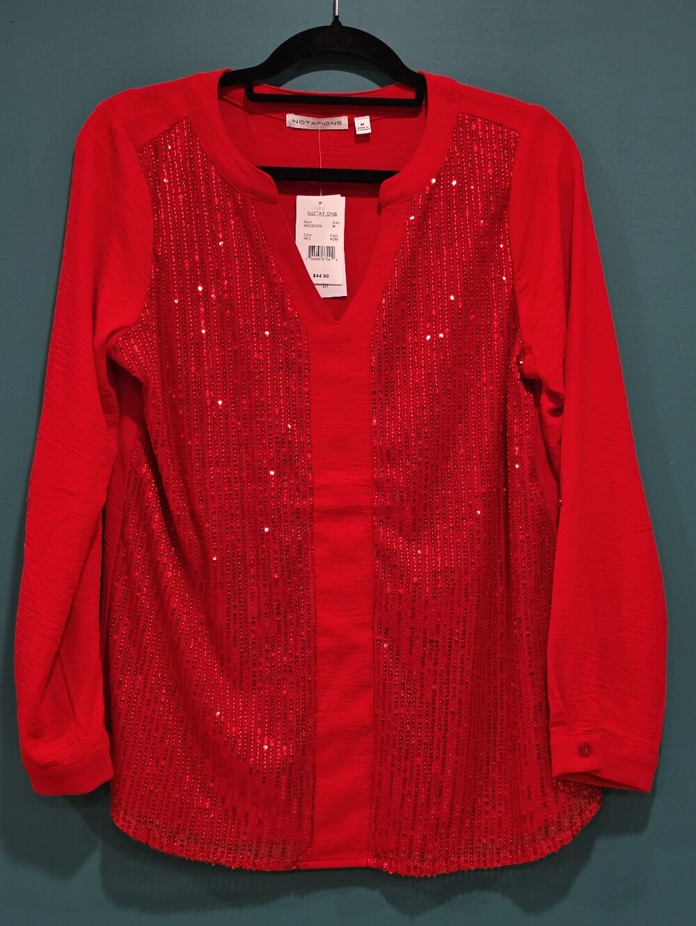 NWT Notations Red Sequin Holiday Party Blouse Size M